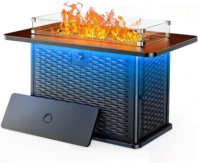 Ciays 43 Rectangular Propane Fire Pit with RGB Lighting Strip – 60000 BTU Gas Fire Pit Table Glass Stones Wind Guard Adjustable Flame Outdoor Fire Pit for Patio &amp Garden Black
