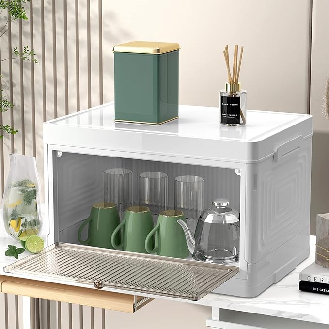Ergocar Foldable Storage Boxes Transparent Plastic Storage Boxes with Lid Stackable Large Capacity Organiser Thick and Durable for Bedroom Wardrobe Office Garage