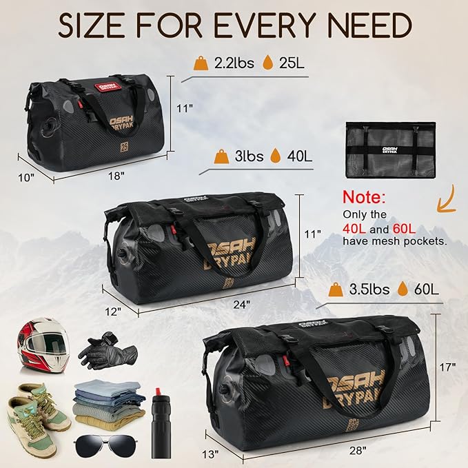 OSAH DRYPAK Waterproof Duffel Bag - Motorcycle Dry Bag Tail Bag with Large Storage Space Waterproof Luggage Duffle Bags with Outer Mesh Zipper Pocket for Camping Kayaking Fishing &amp Traveling