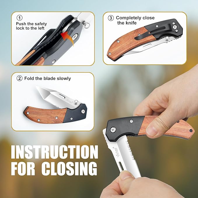 Vickay Pocket Knife Folding Knife with Clip - 3.54″ Tanto Serrated Blade Wood Handle EDC Knife for Men &amp Women Outdoor Camping Tactical Hiking Survival - Father’s Day Gift (Satin Silver)