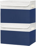 Bagnizer Large 42 Quarts Fabric Storage Bins with Lids [2-Pack] Linen Collapsible Foldable Baskets Closet Organizer Containers boxes with Handles for Home Office (16.7 x 12 x 12 Navy Blue &amp Whit