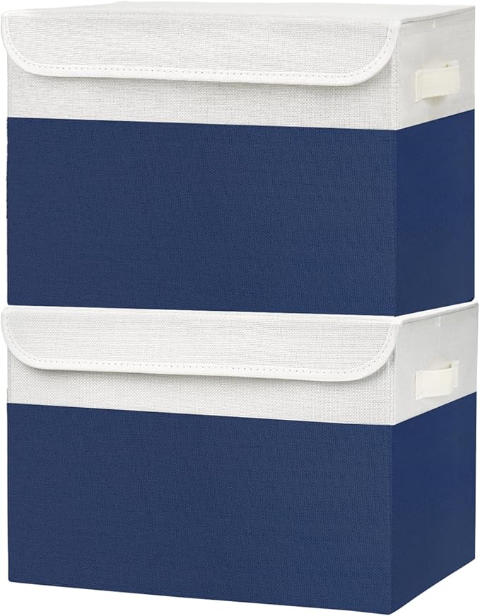 Bagnizer Large 42 Quarts Fabric Storage Bins with Lids [2-Pack] Linen Collapsible Foldable Baskets Closet Organizer Containers boxes with Handles for Home Office (16.7 x 12 x 12 Navy Blue &amp Whit