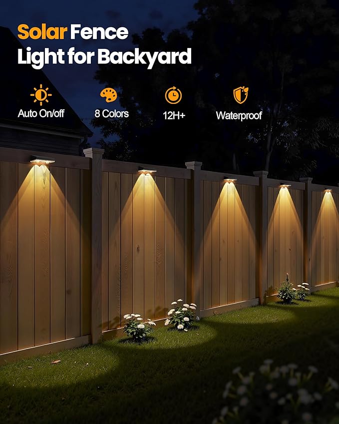 Bridika Solar Fence Lights Outdoor Waterproof 6 Pack Solar Powered Deck Lights for Backyard Wall Patio &amp Garden - 8 Color Changing Modes Bright LED with Lens Dusk to Dawn Black
