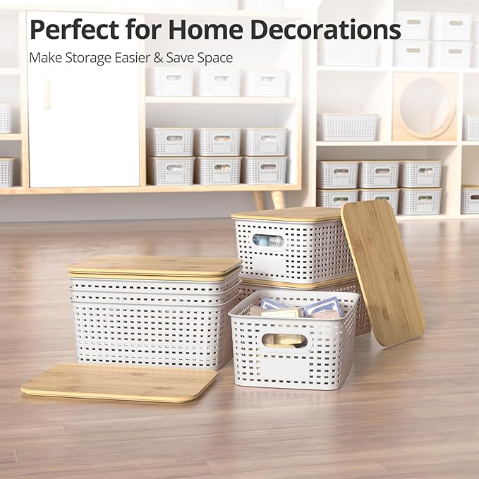 Plastic Storage Baskets with Bamboo Lids Stackable Small Box Bins for Organizing and Containers for Shelves Drawers Desktop Closet Pantry Classroom Office Home 6 Pack 10.2x7.2x4.1 Inch White