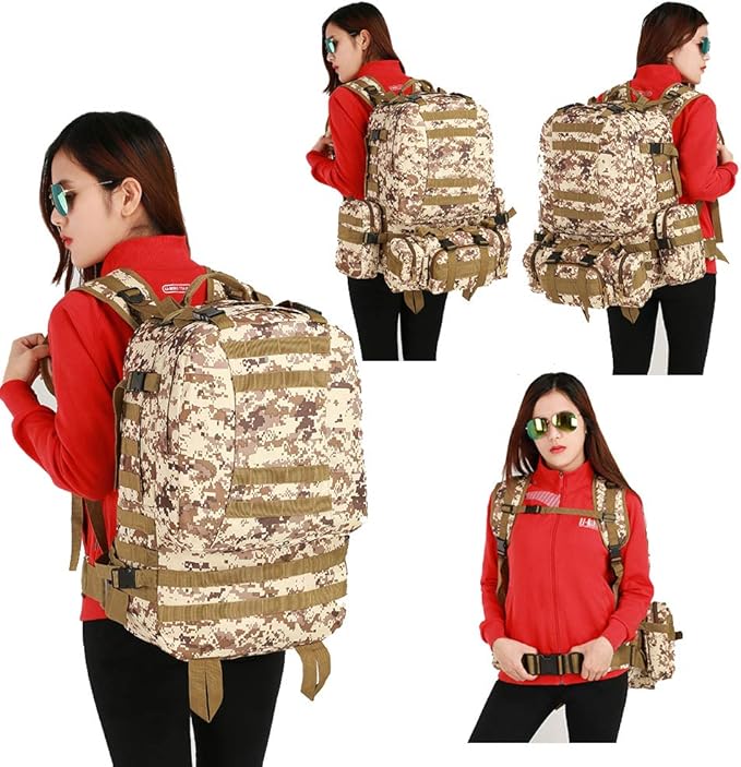 Tactical Backpack 55L with Built-up 3 MOLLE Bags Rucksacks for Travelling