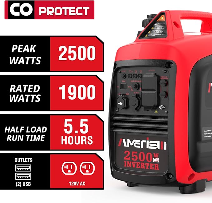 AMERISUN Inverter Generator 2500W Gas Power Generator with CO Sensor for Camping and Home Backup Long Runtime &amp Quiet Operation EPA Compliant