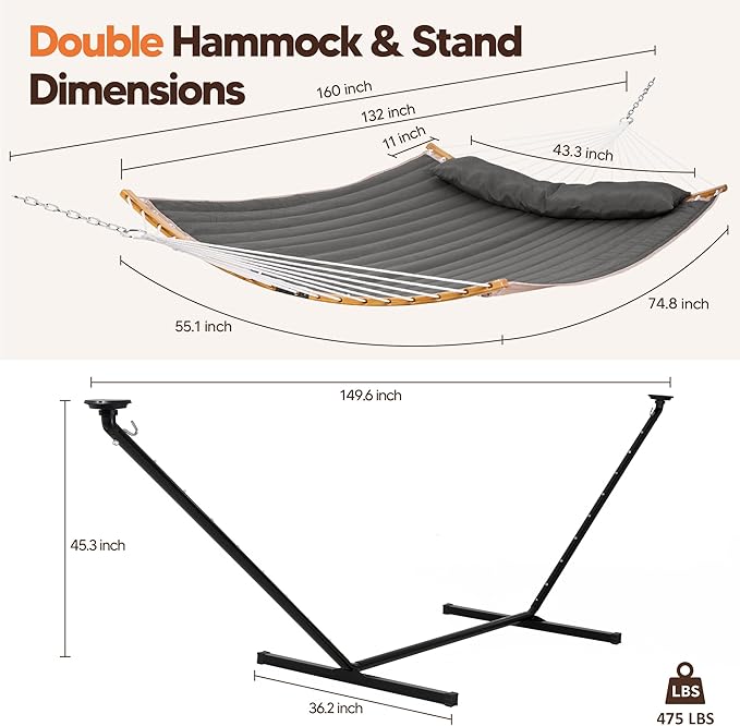 SUNCREAT Double Backyard Hammock with Solar Powered Lights for Outside 475 lbs Capacity Heavy Duty Self Standing Hammock with 12 ft Stand Dark Grey