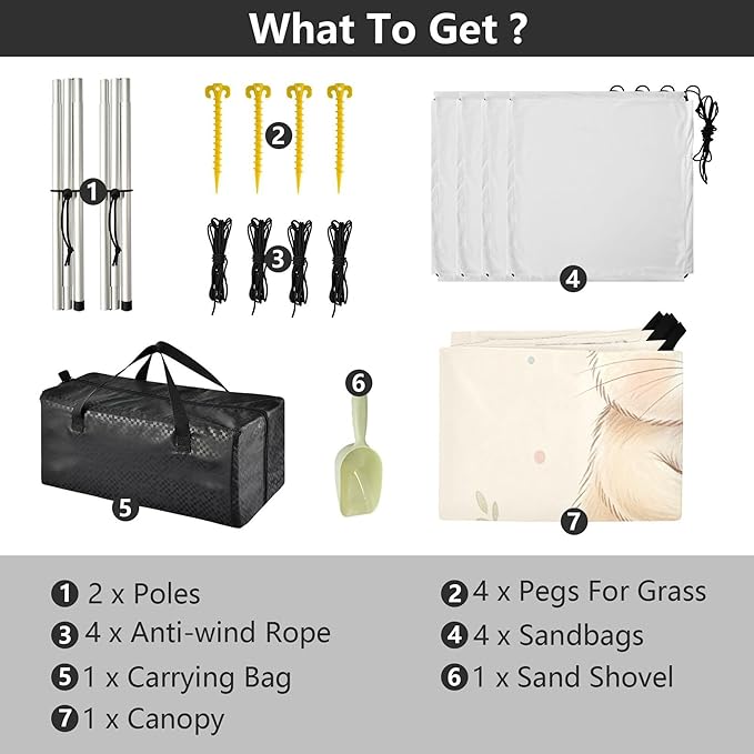 Cute Bunny Beach Canopy Sun Shelter with Sandbags &amp Sand Shovel &amp Windproof Ropes - Portable 110x126 Beach Shade Beach Tent for Camping Picnics
