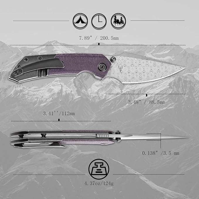 KANSEPT Fenrir Pocket Knife 3.48 Damascus Harpoon Blade Blackwash Titanium Handle Purple Micarta Inlay Thumb Stud &amp Liner Lock with Deep Clip EDC Knives for Camping Hunting Survival K1034Z2