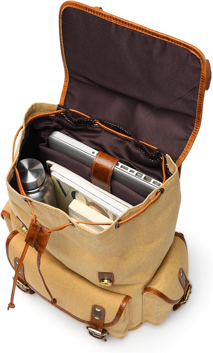 Leather Canvas Backpack Durable Vintage Large Travel Laptop Bag for Men &amp Women Work Hiking School (Tan)