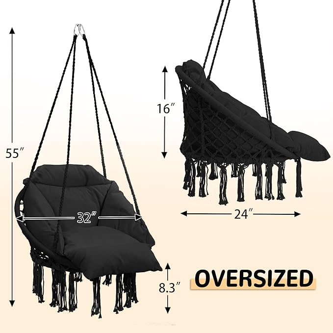 Macrame Hammock Hanging Swinging Chair with Oversized Cushion Perfect for Bedroom Porch Kids Adults Balcony Black