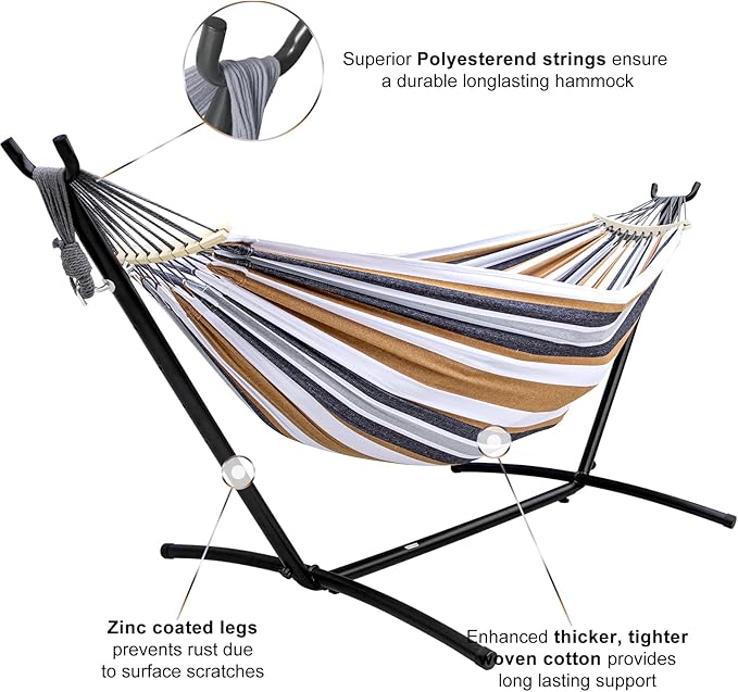SZHLUX Double Hammock with Stand Included 450lb Capacity Steel Stand Premium Carry Bag Included and Two Anti Roll Balance Beam Portable Hammock with Stand for Backyard CampingGarden Brown Stripes