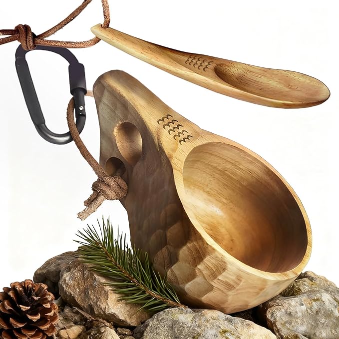 Nordic Kuksa 8oz (225ml) w/spoon wood cups for drinking Handcrafted Wooden Camping Cup Set - Bushcraft Gear. Crafted from natural hardwood. Wilds-to-Home Ready! Classic Wood Turtle Double Hole.