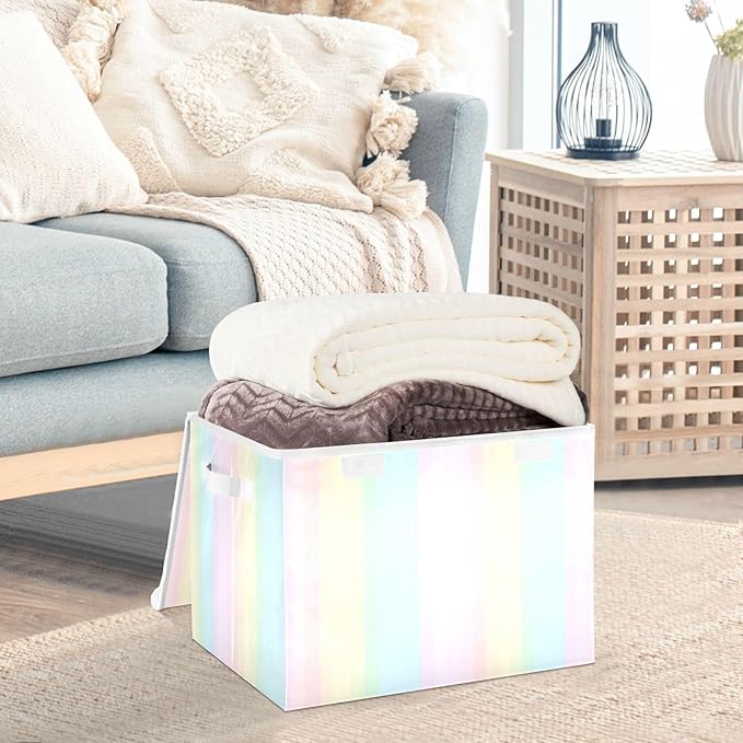 Collapsible Storage Bins with Lids Decorative Fabric Storage Cubes Closet Organizer and Storage Basket Boxes Containers for Clothes Box Chest Folding Rectangle Rainbow Stripes