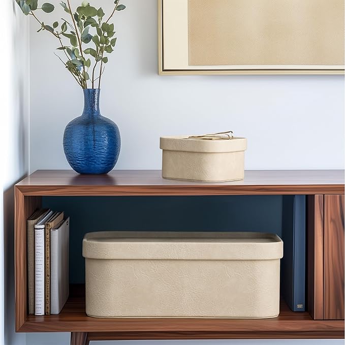 La Jolie Maison Vegan Leather Storage Boxes with Lids Set of 3 Decorative Storage Containers Organize Stackable Storage Box Beige