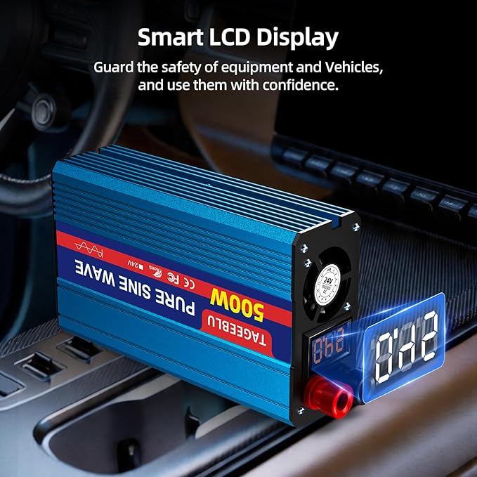 500W Pure Sine Wave Power Inverter DC 24V to 110V AC Converter with LCD Display Battery Clamps &amp Cigarette Lighter Plug Car Inverter with Dual AC Outlets for Vehicles RV Truck Camping Laptop CPA