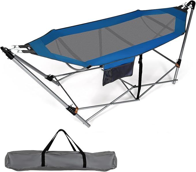 Portable Folding Hammock w/Side Pocket Lounge Camping Bed w/Metal Stand &amp Anti-tip Buckles Outdoor Camping Hammock with Carrying Bag for Patio Garden Yard Easy Assembly (Blue)