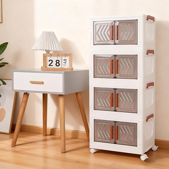 4 Tier Storage Bins with Lids Stackable Storage Bins with Wheels and Door Storage Cabinet Organizers for Home Foldable Containers (Transparent Door)