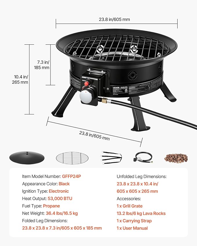 VEVOR Propane Fire Pit 24-Inch 53000 BTU Portable Gas Fire Pit with Grill Grate &amp Lava Rocks Adjustable Flame Folding LegsSmokeless Outdoor Firebowl for Camping Patio Backyard Deck RV B
