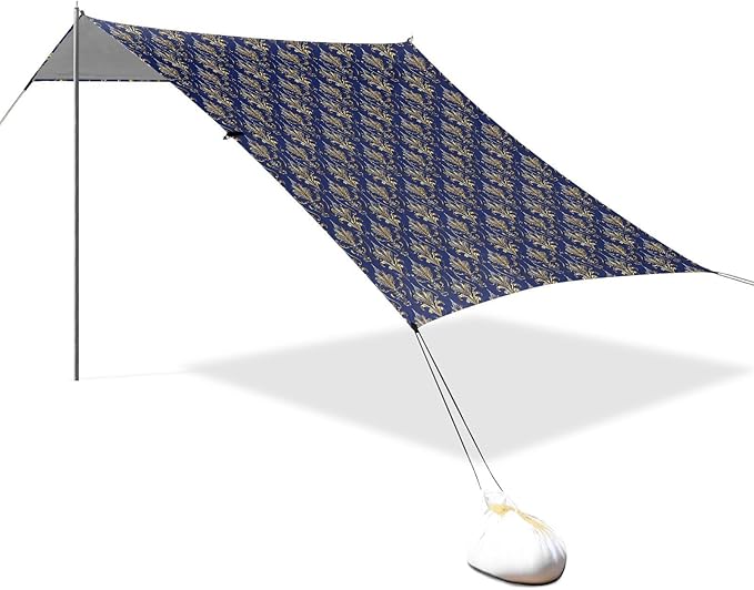ALAZA Golden Damask Art Deco Floral Beach Tent Sun Shelter UPF50+ Protection Beach Shade Canopy w/ 4 Sandbags for Outdoor Camping Fishing Backyard Fun Picnic 10x9 ft