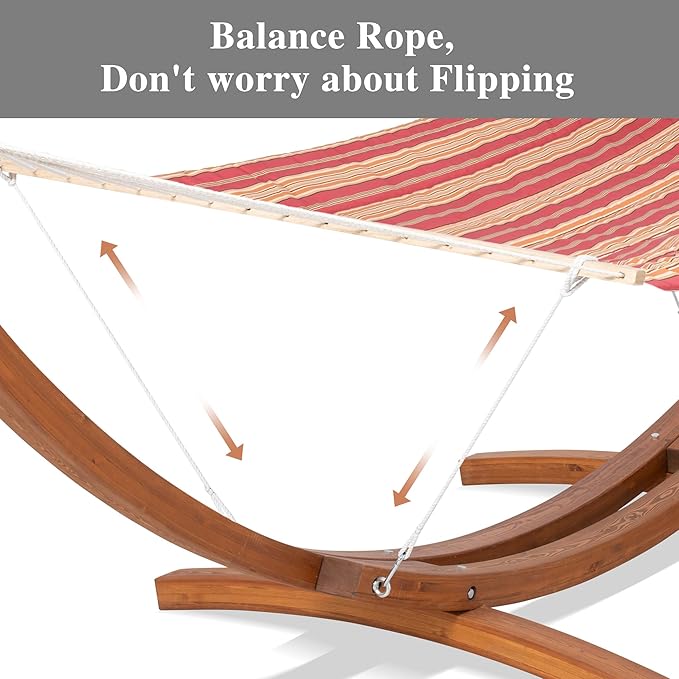 SUNCREAT Rope Hammocks for Outside with Polyester Pad and Stand Extra Large Double Hammock with Wooden Stand Red Strips