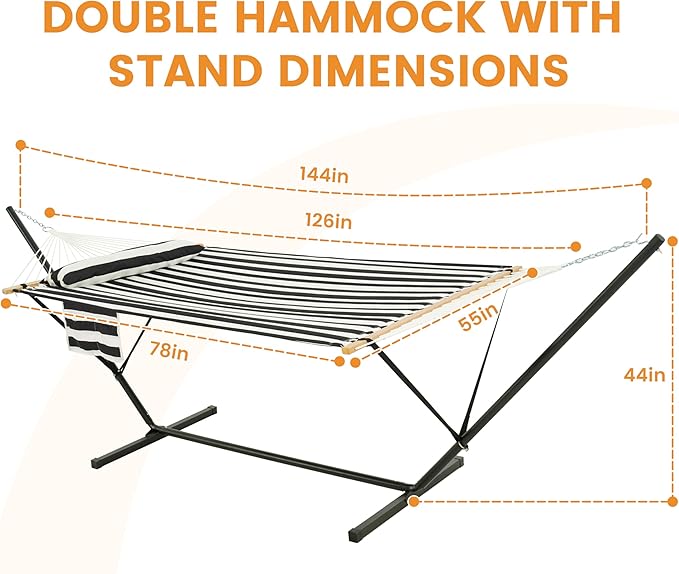 Lazy Daze Hammocks 2 Person Portable Hammock with 12FT Stand for Outside Quilted Double Hammock with Spreader Bar and Detachable Pillow 450lbs Capacity Perfect for Outdoor Patio Black Stripes
