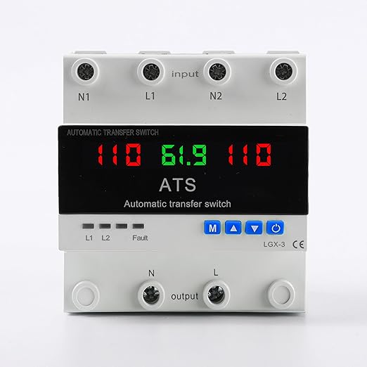 2P Automatic Transfer Switch with LCD Display 63A 110V Double Power ATS with 3 Digital Displays for Input Real-Time Volrage/Current Monitoring Automatic Changeover for Utility/Generator/Solar