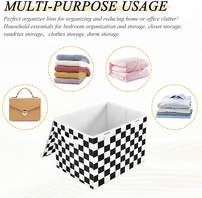 Collapsible Storage Bins with Lids Decorative Fabric Storage Cubes Closet Organizer and Storage Basket Boxes Containers for Clothes Box Chest Nursery Folding Rectangle Black White Checkered