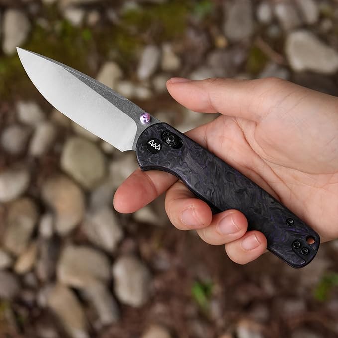 Folding Pocket Knife with Reversible Clip 3.23 14C28N Blade EDC Knife with Carbon Fiber Handle and Crossbar Lock Sharp Camping Hiking Hunting Survival Knives for Men (Purple)