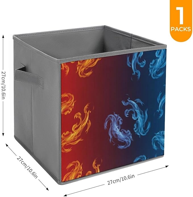 Fabric Storage Bins with Handles Yellow Blue Ice Fire Foldable Collapsible Cube Organizer for Shelves Multi-Purpose Box for Bedroom Living Room Closet