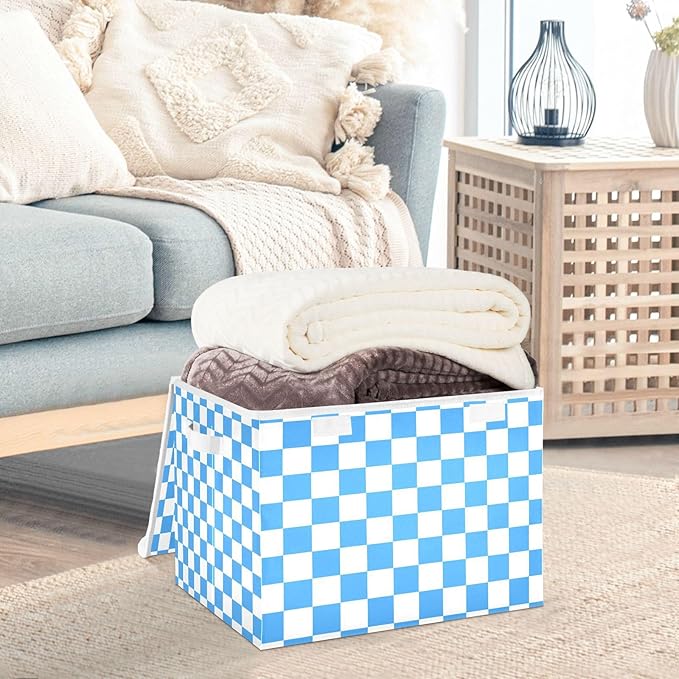Collapsible Storage Bins with Lids Decorative Fabric Storage Cubes Closet Organizer and Storage Basket Boxes Containers for Clothes Box Chest Nursery Folding Rectangle Checkered Blue
