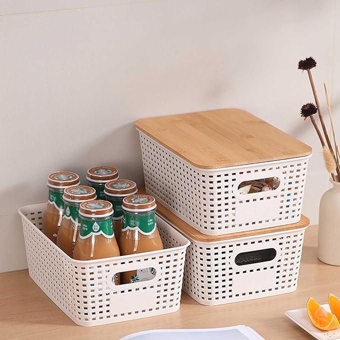 LASIEYO 6 Pack Bamboo Lid Storage Bins - Decorative Organizer Baskets for Pantry