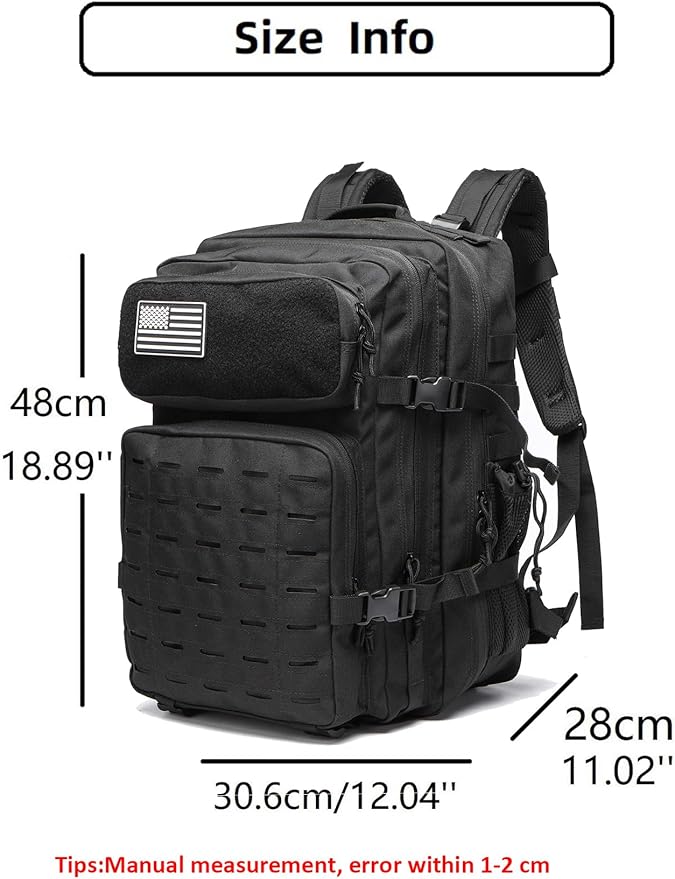 50L Tactical Military Backpack Waterproof Sturdy Bag for Hiking Camping Fishing Gym Backpack with Bottle Holder (ALL Black)