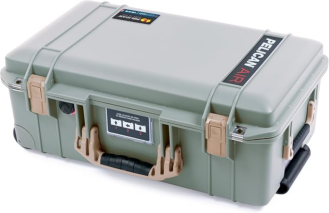 Pelican Air 1535 Carry-On Sage Green - Medium Size Waterproof Case with TrekPak Kit &amp Combo Lid Organizer - Desert Tan Handles &amp Latches