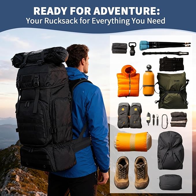 70L Hiking Backpack for Men Women Camping bag with Shoe Compartment Large Military Tactical Backpack MOLLE Rucksack Sport Travel Backpacking Daypack (Black)