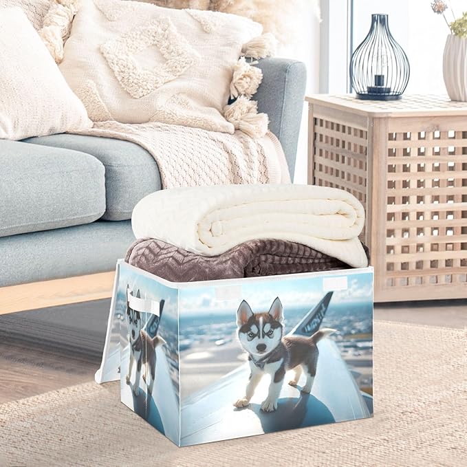 AIXIWAWA Lidded Storage Cube (Husky on Plane) Fabric Foldable Closet Bins with Flip Lid and Handles Organizer Basket Container 16.5 x 12.6 x 11.8 IN