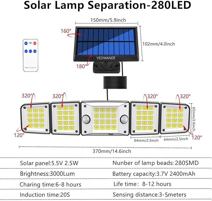 Solar Outdoor Lights - 7600Lum 240° Dual Motion Sensor 560 LED Separate Panel16.5Ft CableDusk to Dawn Lighting Mode Security Solar Powered Flood Light for Porch Yard Shed Wall