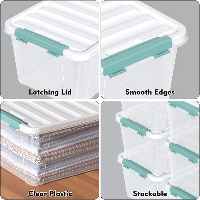 6 Pack 20 Quart Clear Storage Latch Box Plastic Storage Bins with Lids Stackable Storage Containers for Organizing