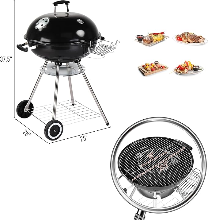 Outvita Charcoal Grill 22 inch Stainless Steel BBQ Charcoal with Wheels and Storage Holder for Camping Picnic Barbecue Party Outdoor