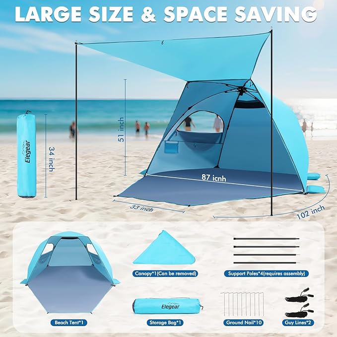Elegear CumbreX™ Beach Tent with Canopy 4-6 Person 1-Second Umbrella-Style Setup Pop Up Sun Shelter Shade UPF 50+ UV Protection Four-Layer Silver-Coated Lightweight Portable Beach Cabana - Aqua Blue