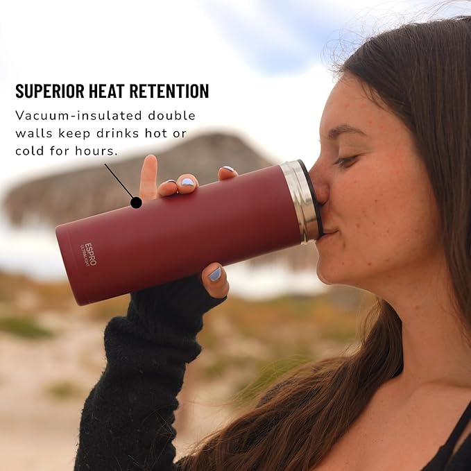 ESPRO Go P0 Ultralight French Press Coffee Maker for Travel Vacuum Insulated Stainless Steel 16 Ounces Cranberry