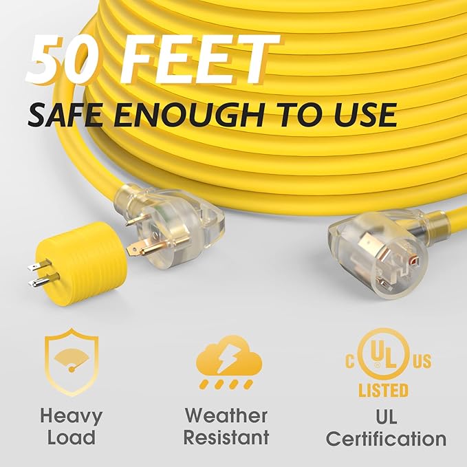 TOOLIOM 30 Amp Generator Extension Cord NEMA TT-30P/TT-30R RV Extension Cord 125V 3750W 10/3 AWG STW Generator Cord with LED Indicator Grip Handle for Generator RV Trailer Campers UL Listed (50FT)