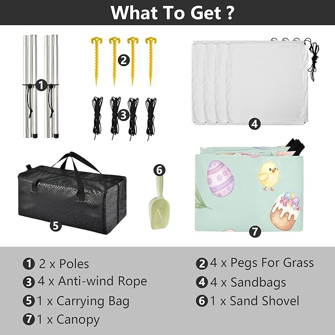 Easter Bunny Beach Canopy Sun Shelter with Sandbags &amp Sand Shovel &amp Windproof Ropes - Portable 110x126 Beach Shade Beach Tent for Camping Picnics