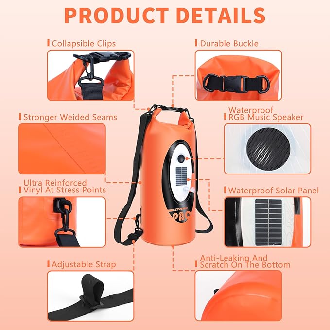 FELICON Solar/Battery Powered Multi-Functional Backpack with Bluetooth SpeakerIP66 Waterproof Dry BagHeavy Duty Roll Top ClosureLarge Capacity Bag for CampingHikingTraveling (Orange 10L)