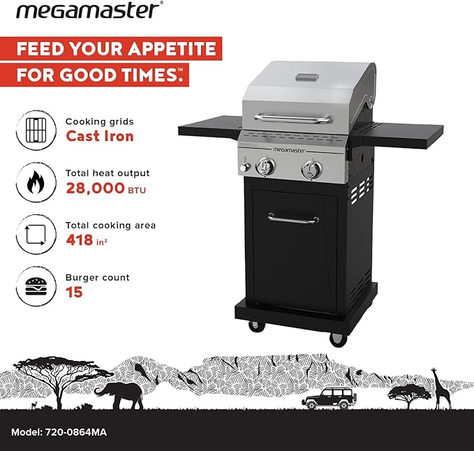 Megamaster Deluxe 2-Burner Gas Grill with Foldable Side Tables 418 SQ In Cooking Space 28000 BTUs Stainless Steel Lid Propane BBQ Grill for Outdoor Cooking Patios Backyards and More - 720-0864MA