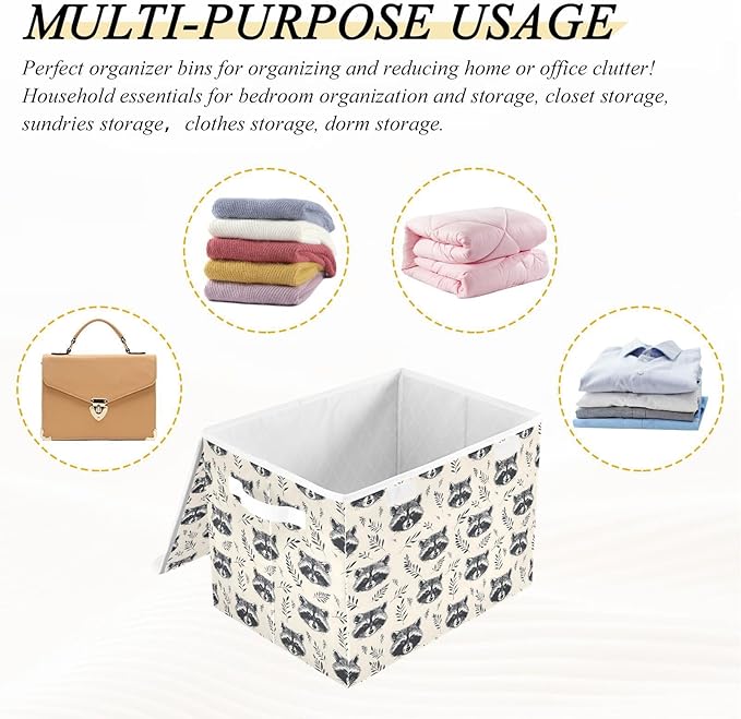 MNSRUU Containers Baskets with Lids Animal Raccoon Head Foldable Storage Bins Organizer with Lid Collapsible Storage Boxes for Home Bedroom Closet Office