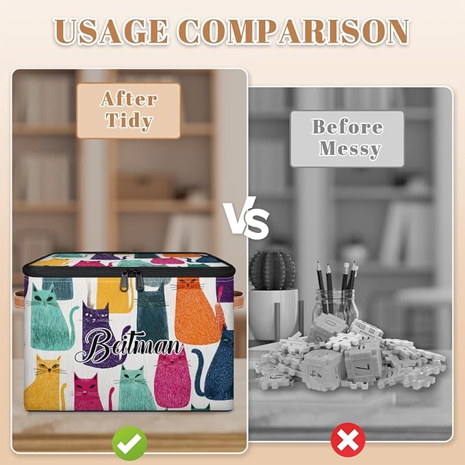 Storage-Bins with Lids Handle Customized Stackable-Storage-Bin for Kids-Boys-Girls-Toys Cube Collapsibl Basket Cats