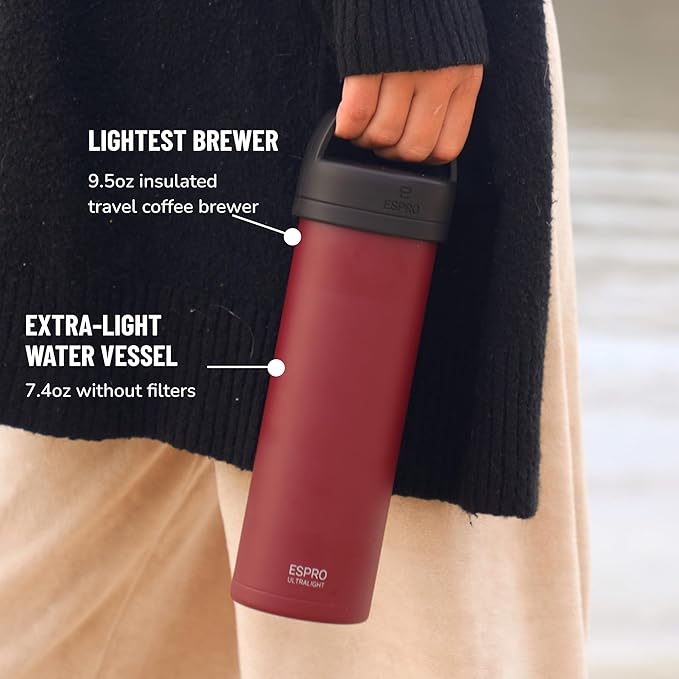 ESPRO Go P0 Ultralight French Press Coffee Maker for Travel Vacuum Insulated Stainless Steel 16 Ounces Cranberry