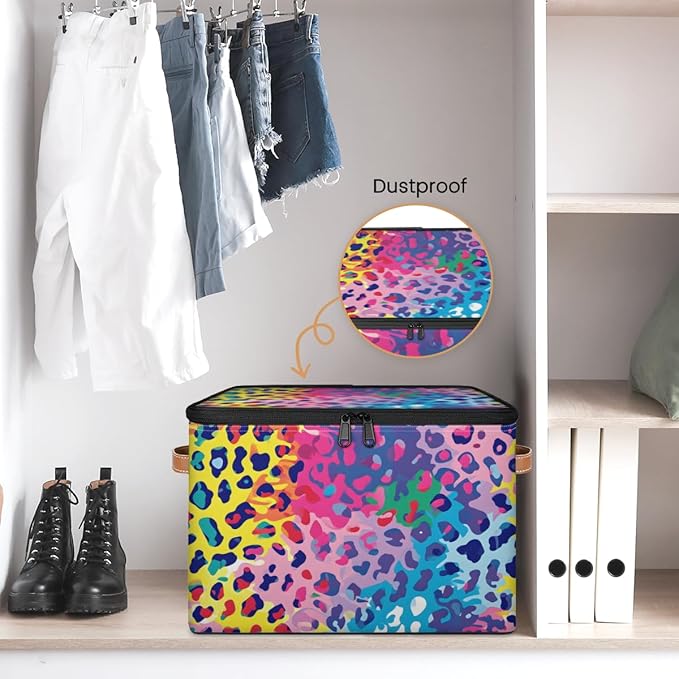 Storage Bin with Lid Leopard Stackable Closet Storage Bins Decorative Bedroom Organizer Box Lidded Baskets Living Room Storages Boxes Cube Organizer Cute Container with Handles