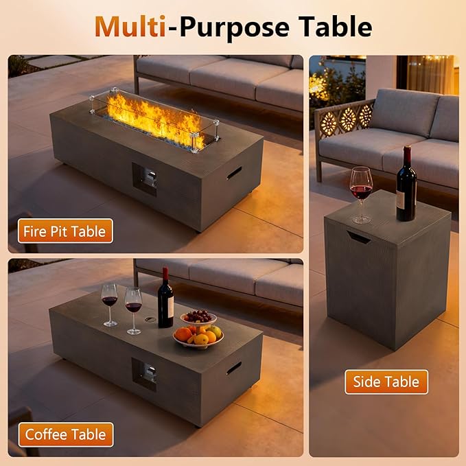 2-Piece 42 Rectangular Propane Fire Pit for Outside Patio with Hidden Tank Table 50000 BTU Fireplaces with Glass Wind Guard Lid Glass Rocks Cover(Walnut Wood Grain)